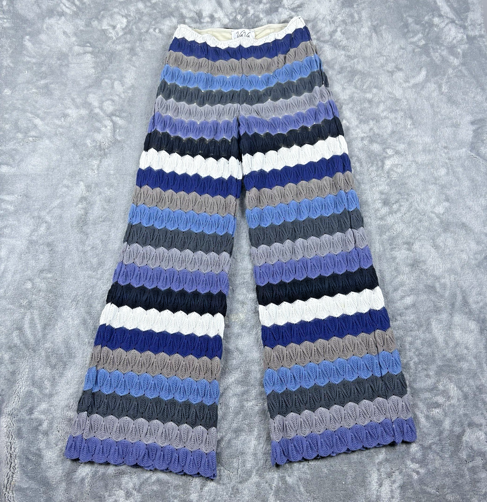 Womens Crochet Knit Flare Pants Blue Purple Striped Retro Boho Festival Medium