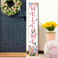 Hummingbird Welcome Sign for Front Door, Spring Porch Sign Tulip Flowers Outdoor