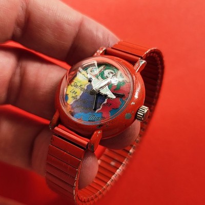 Vintage Plane USA Map Flying Around Globe Watch Mechanical Movt Rare Red