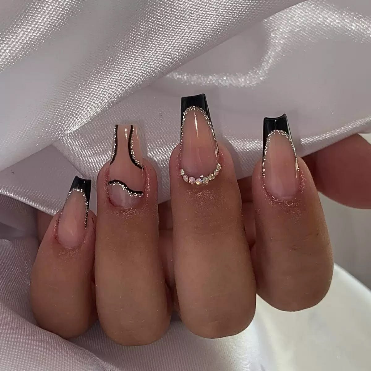 On Nails Black Tip Line Art Medium Length Glue On