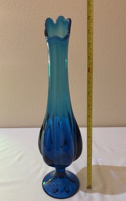 Viking Glass Epic Six Petal Swung Vase 16 Inch Blue Vintage MCM Unique