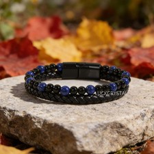 Lapis Lazuli  Obsidian Beads Braided Leather Bracelet Magnetic Men's Bangle
