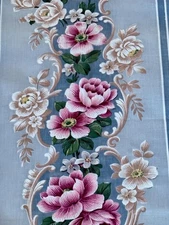 Rococo Roses Blue Stripe Shabby Chic Mid Century Barkcloth Era Vintage Fabric