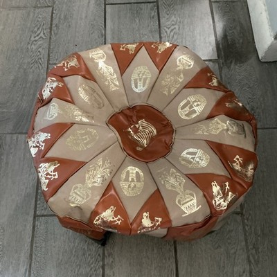 Egyptian Pharaoh Pouf Ottoman, Handmade Faux Leather Round Footstool, Gold/Brown