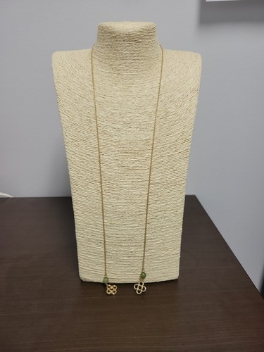 Vintage Necklace gold tone Oriental Style lariat style green faux jade 34" - Picture 5 of 6