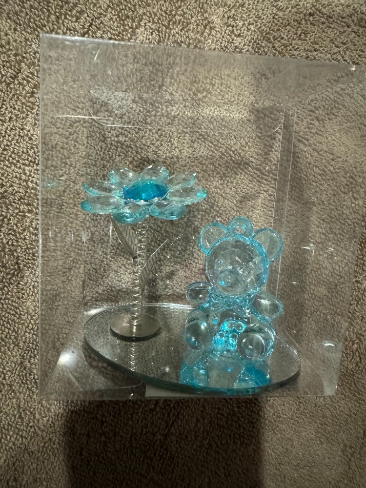 Small Glass Blue Bear & Blue Flower Figurine sz 3
