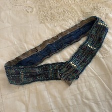Antique 1920s Silver Lam  Blue Beaded Dress Belt Sash Rhinestones Vintage Trim