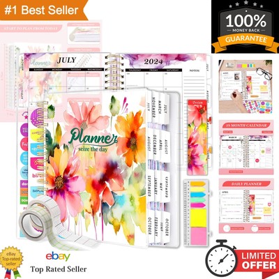 Elegant 18-Month Daily Planner 2024-2025, Blossom Cover with Bonus Accessories