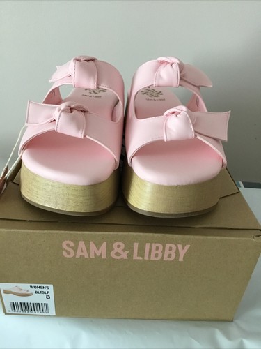 SAM & LIBBY PINK INDIE DOUBLE BOW PLATFORM MULES SHOES Sz 8 - Picture 3 of 9