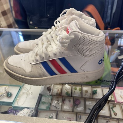 Adidas Hoops 2.0 Size 7 Mens White Red Blue Stripe Mid Top Basketball EE7382