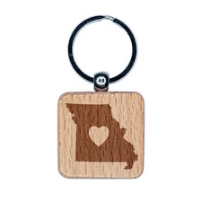 Missouri State with Heart Engraved Wood Square Keychain Tag Charm