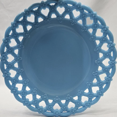 Vintage Westmoreland Forget Me Not Aqua Blue Milk Glass Lace Lattice Edge Plate