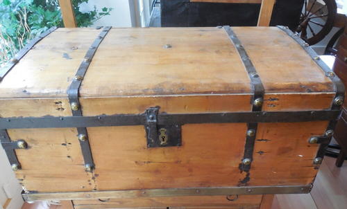 Antique Wood Trunk w/ Metal Trim