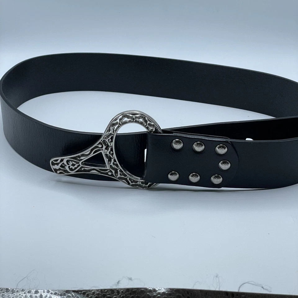 Cinturón de cadera de cuero negro ancho Chico's tono plateado hebilla grande para mujer Foto 2 de 4