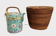 Vintage Chinese Porcelain Floral Teapot In Insulated Wicker Basket Cozy 7" Tall