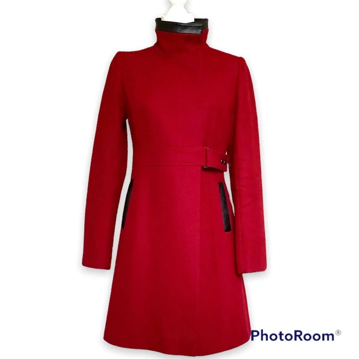 Via Spiga Red Wool Blend Coat with Black Faux Leather Inserts, Size 2 | eBay