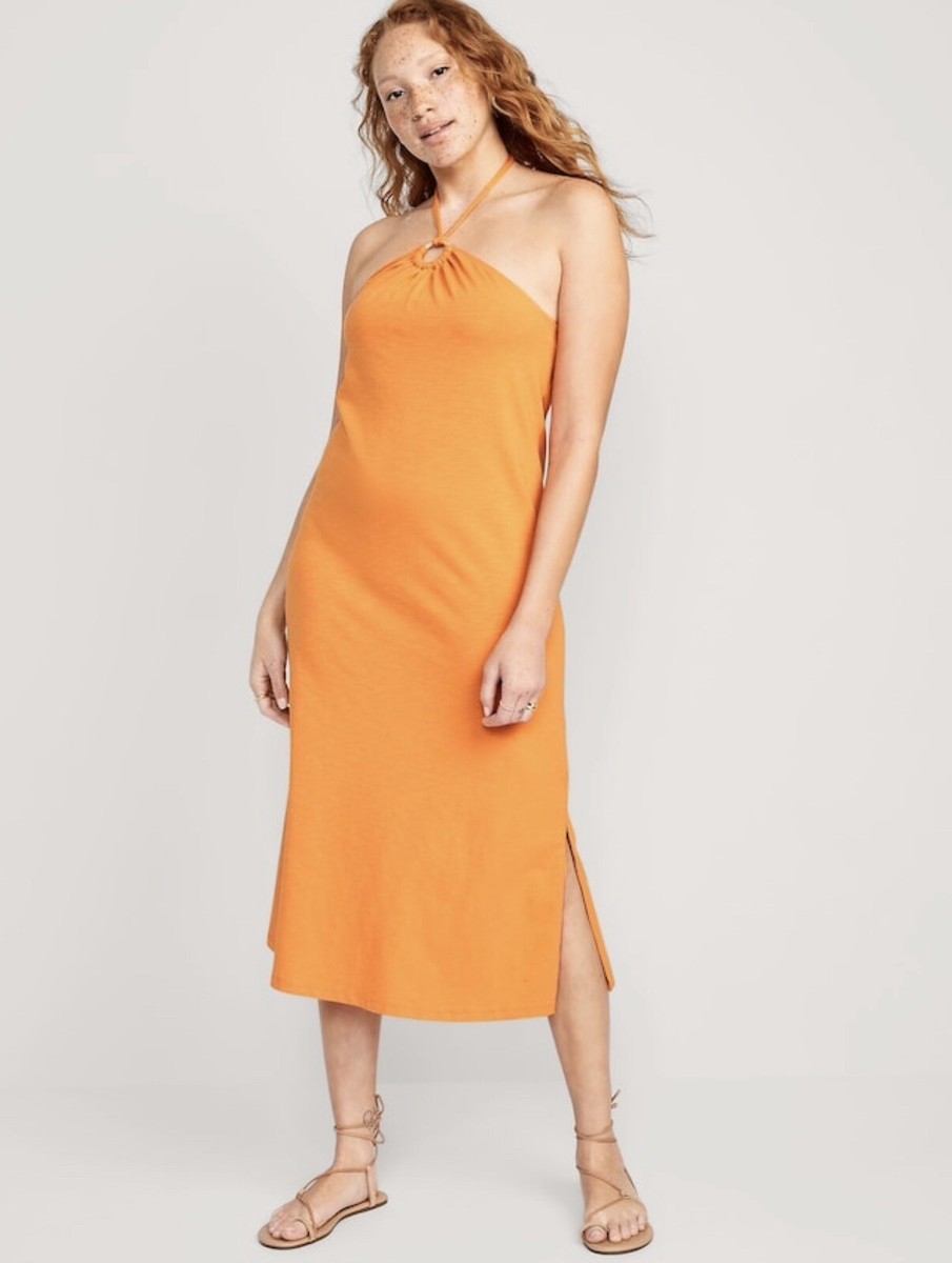Old Navy Slub-Knit Halter Midi Shift Dress for Women Wild Papaya S