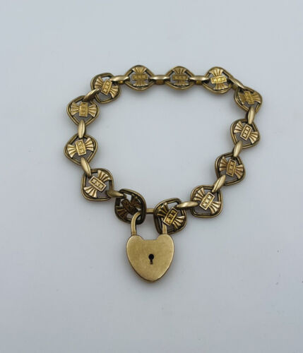 Antique Victorian Gold Filled Heart Padlock Charm Bracelet - Picture 1 of 5