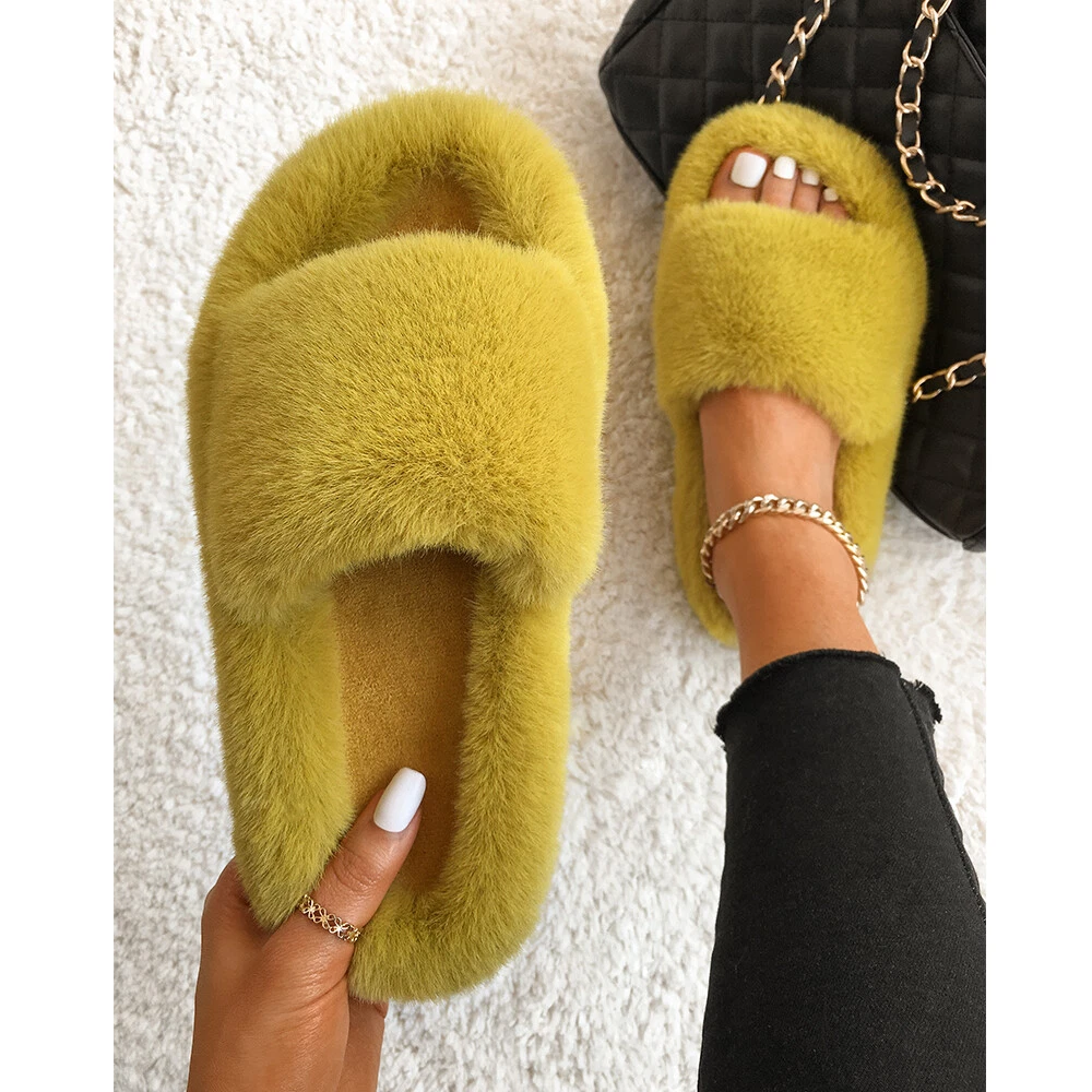 Women Faux Fur Slides Furry Fur Slippers Fluffy Flip Flops Slip