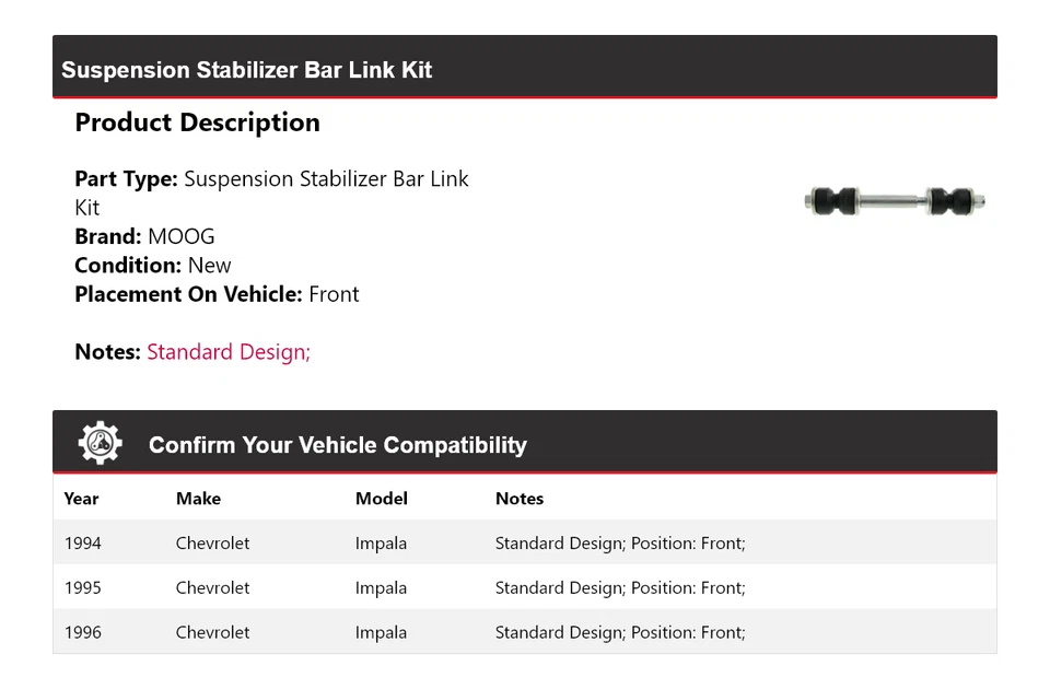Para 1994-1996 Chevrolet Impala estabilizador de suspensão barra link kit dianteiro MOOG - Imagem 2 de 4