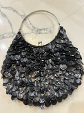 Vintage Black Beaded Lined Top Handle Evening Bag Purse Kiss Lock Silver Handle