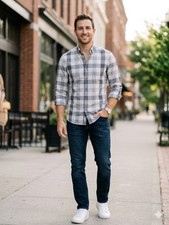 Express Fitted Plaid Shirt Gray White Cotton Button-Down Long Sleeve Men's M