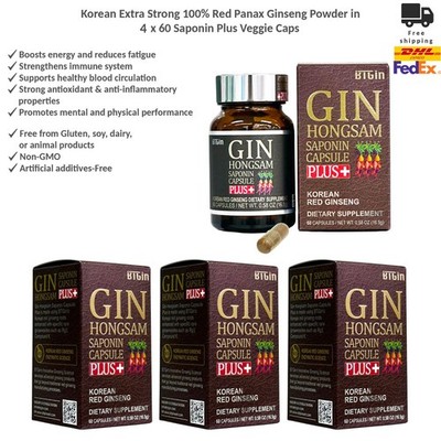 Korean Extra Strong Red Panax Ginseng Vegetable Capsules Saponin Plus 4x60 Count