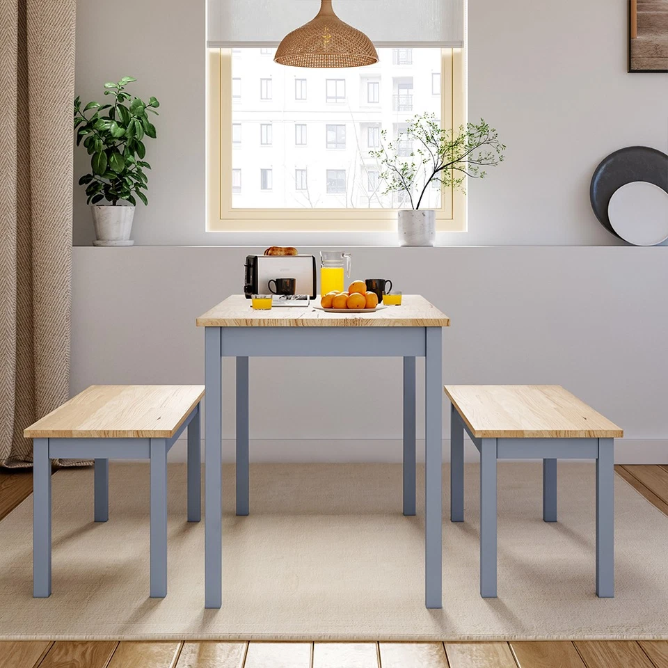 Set of 3 Modern Wooden Dining Table with 2 Benches Grey Kitchen Furniture - Image 3 of 4