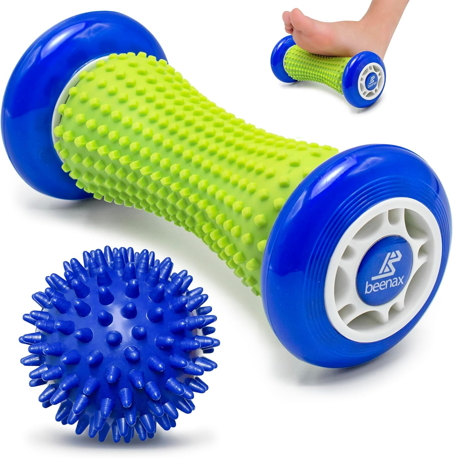 Foot Massage Roller and Hard Spiky Ball Set - Plantar Fasciitis Recovery, Muscle