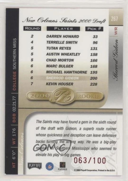 2000 Playoff Prestige Red Spectrum /100 Sherrod Gideon #267 Rookie RC - Image 2 of 2