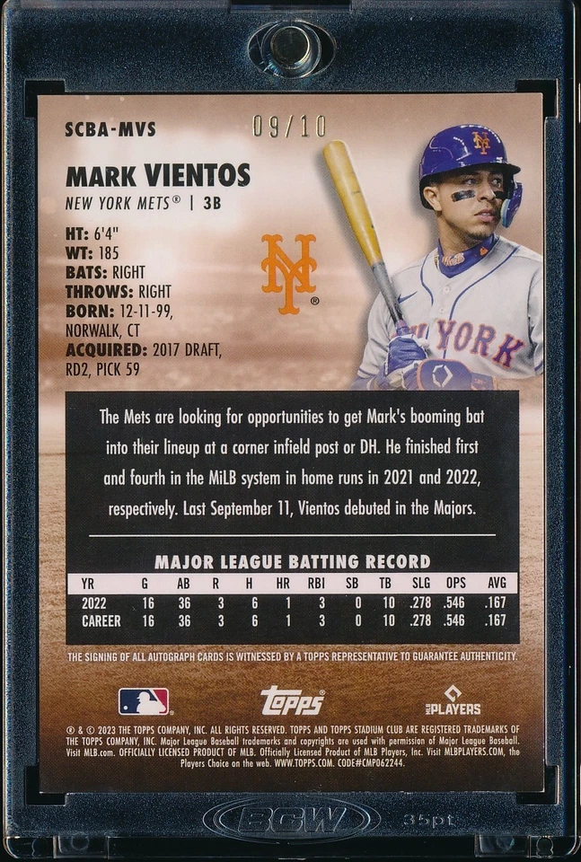 2023 TOPPS STADIUM CLUB MARK VIENTOS RAINBOW FOIL AUTO AUTOGRAPH RC 9/10 METS - Image 2 of 2