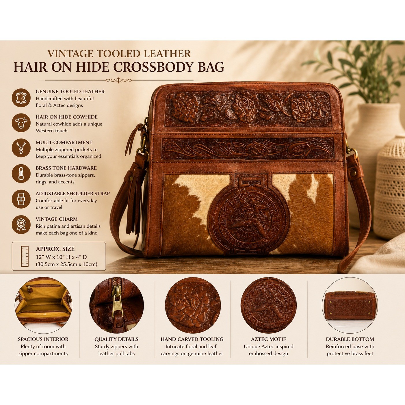 Vintage Tooled Leather Hair on Hide Crossbody Bag Aztec West