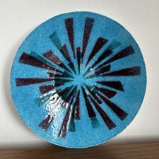 Vintage Wand Teller Emaille Blech Design Blau Grün Rot Dekorativ Aufhängung Alt