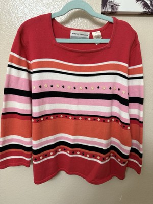 Alfred Dunner Women Beaded Pullover Sweater Petite M Striped Cotton 3/4 Sleeve