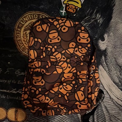 BAPE Baby Milo Brown/Orange Graphic Mini Backpack w/ Pockets, Zip Closure