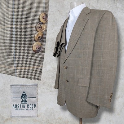 Austin Reed 2 Piece Suit Mens 42L 36x30 Tan Windowpane Houndstooth Check Wool