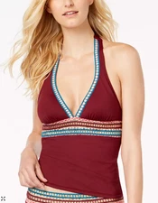 La Blanca Top Womens 8 Red Running Stitch Halter Tankini Top V-Neck Swimsuit