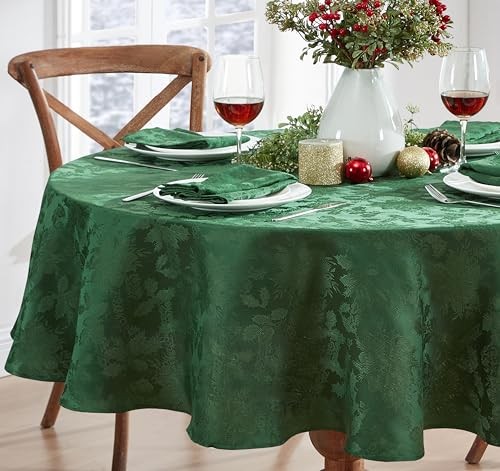“Christmas Carol” Holiday Noel Damask Tablecloth, Holly Leaf and Poinsettia - Picture 4 of 8