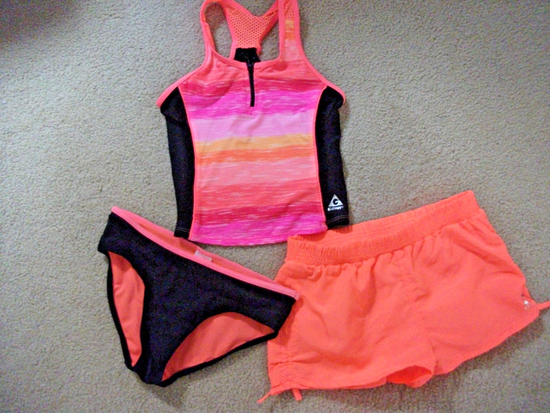 Girls 3 Piece Swimsuit Size 10/12, by Gerry, Orange and Rainbows, Good