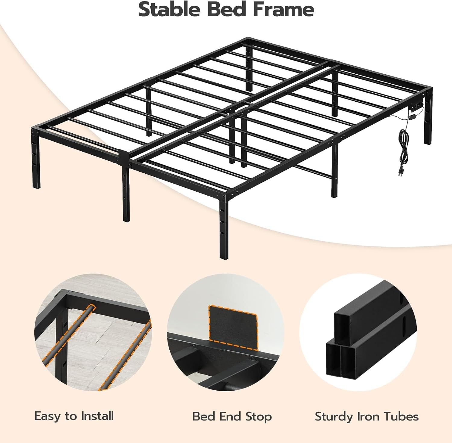 Queen Bed Frame with LED Lights Metal Platform Bed Frame with Charging Station