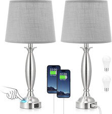 Set of 2 Touch Bedside Lamps with USB Port - Dimmable Brushed Nickel Gray