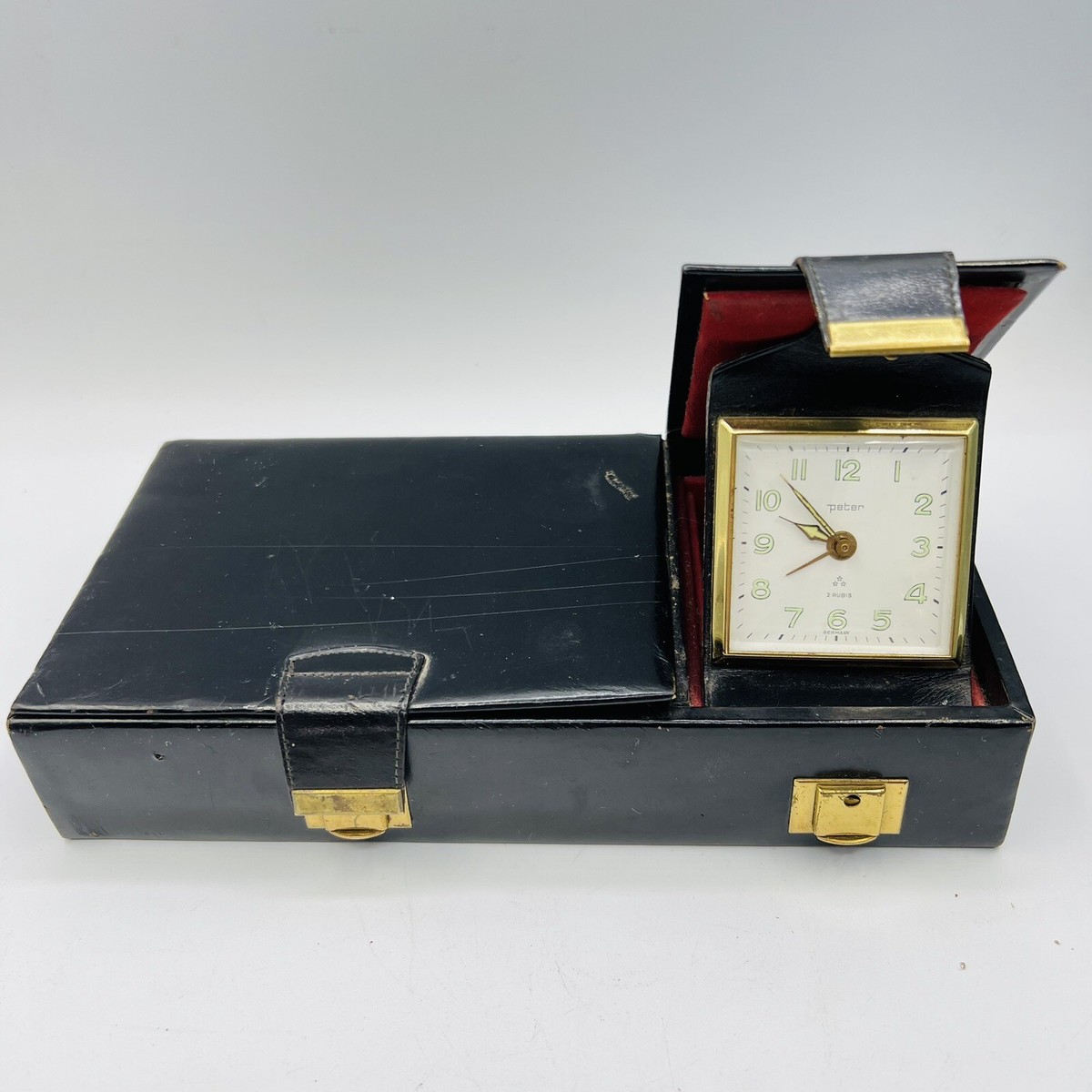 Vtg Men's Jewelry Box Peter Travel Alarm Clock Black Leather