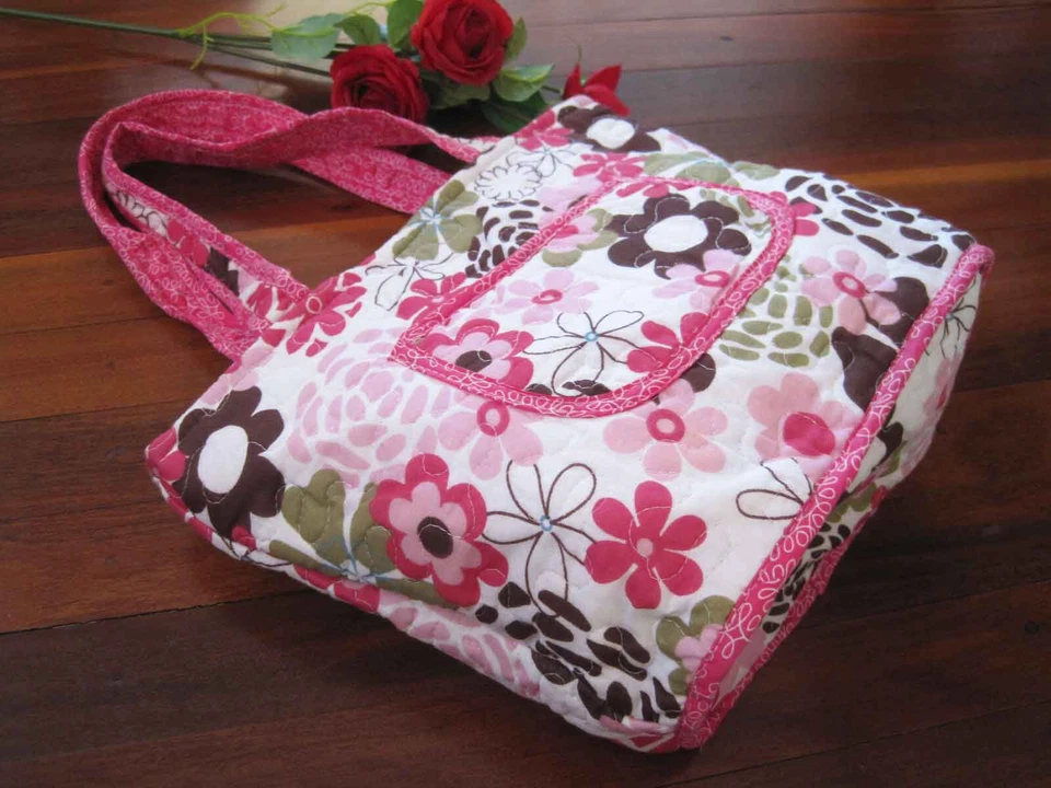 Bolso de Mano Last@Pretty Rojo Marrón Borde de Flores Algodón Acolchado Cremallera Bolsillo F Foto 4 de 4