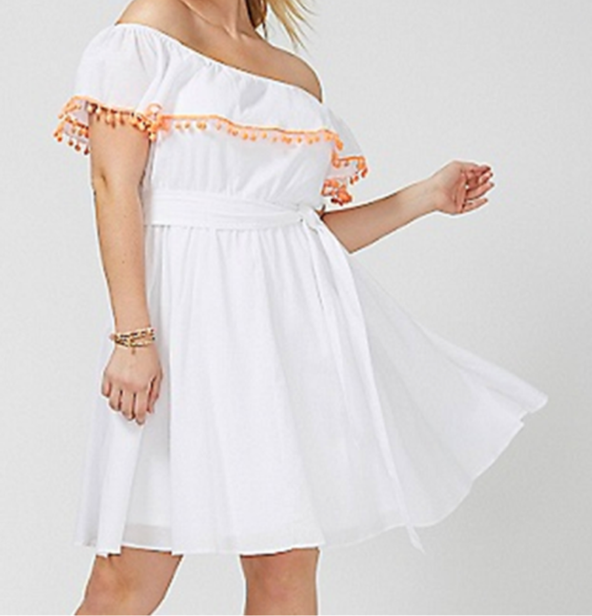 LANE BRYANT Off The Shoulder White Dress Pom Poms Plus Size 26/28 4X