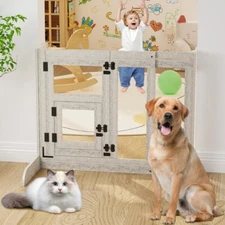 32" Tall Dog Door Gate Freestanding Adjustable Pet Barrier Gate Doorways Stairs
