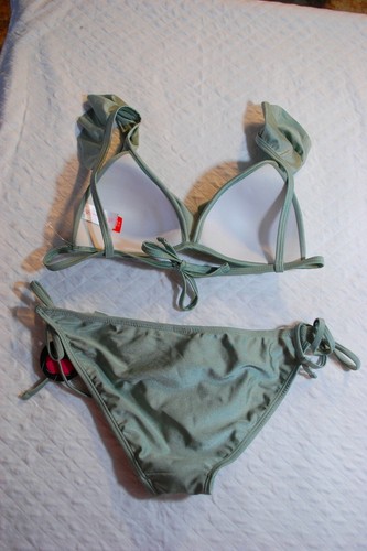 Jr Womens Swimsuit 2 PC BIKINI SET Ruffles SAGE GREEN Padded TIES Size L 11-13 - Picture 2 of 2