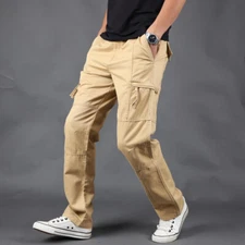 Men Casual Cargo Combat Pants Cotton Blend Straight Leg Trousers Zip Pocket Chic