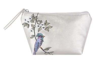 FABLE The Olive House® Damen Kosmetiktasche Etui Vogel & Blumen Reißverschluss Silber