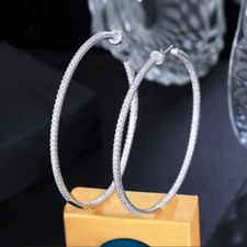 Oversize Silver Plated Cubic Zircon Big Thin Round Loop Hoop Earrings for Women