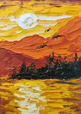 Original Oil Painting ACEO Sunset Seascape Landscape Sky Hand Painted Art3,5x2,5